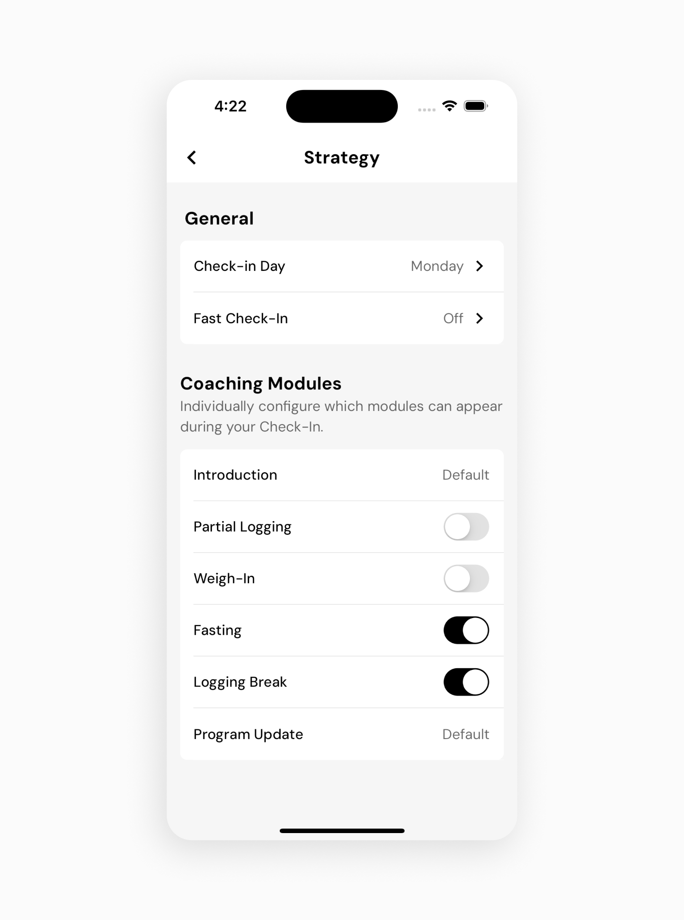 controls for personalizing the MF coach