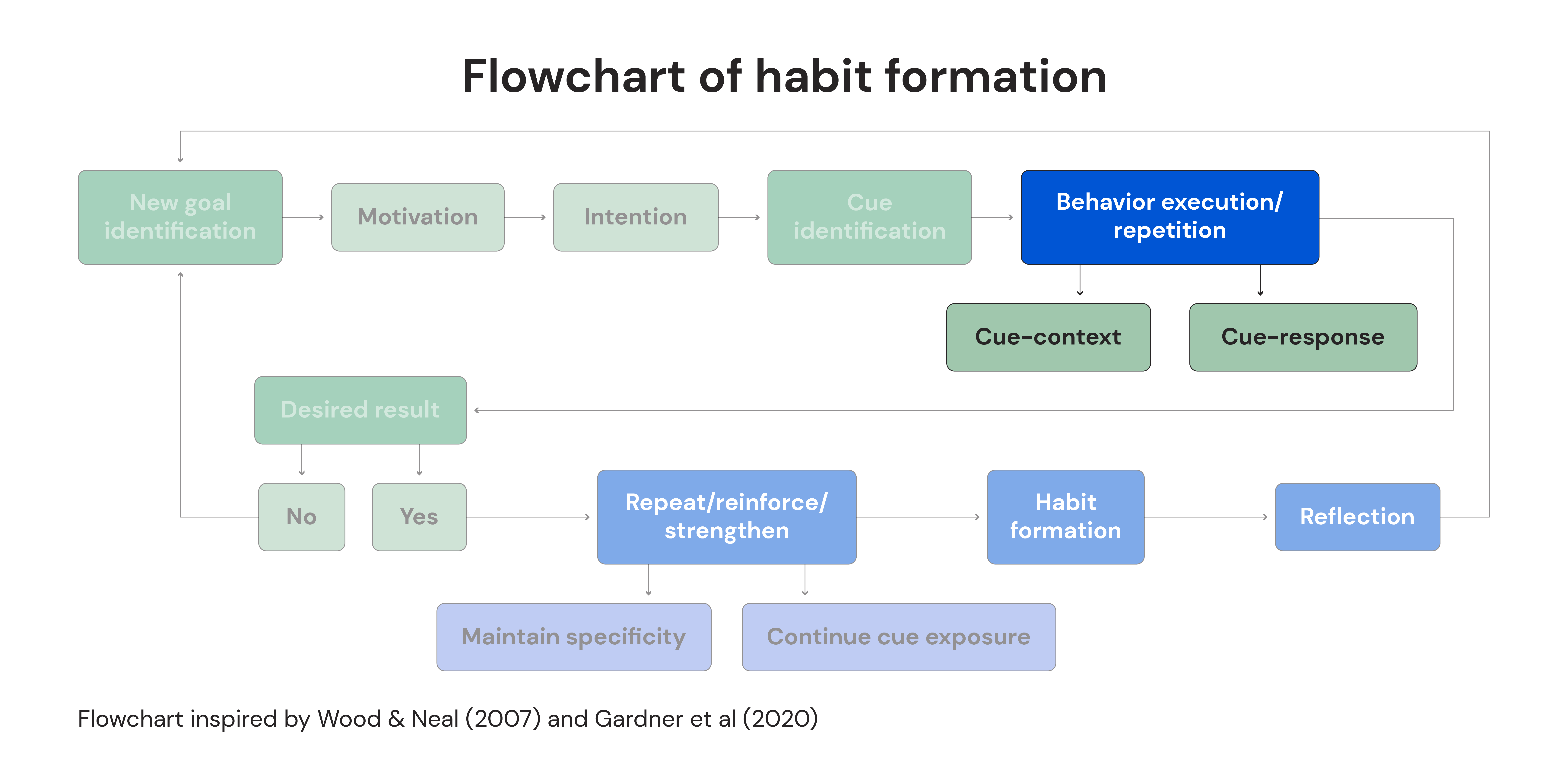 Flowchart of habit formation: Behavior execution/repetition, Cue-context, and Cue-response