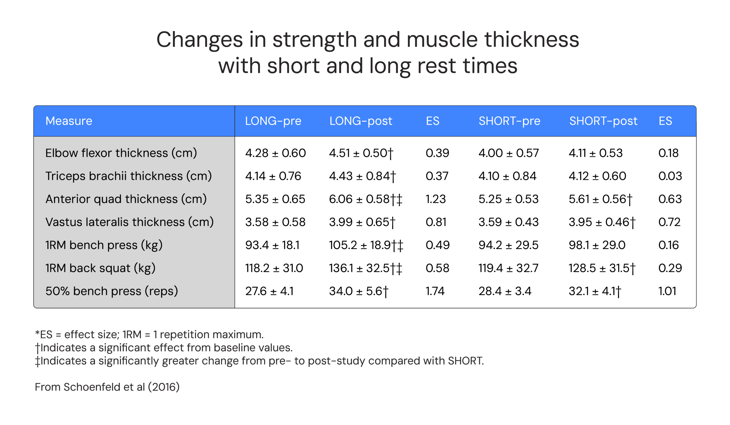 Changes in strength and muscle thickness with short and long rest times