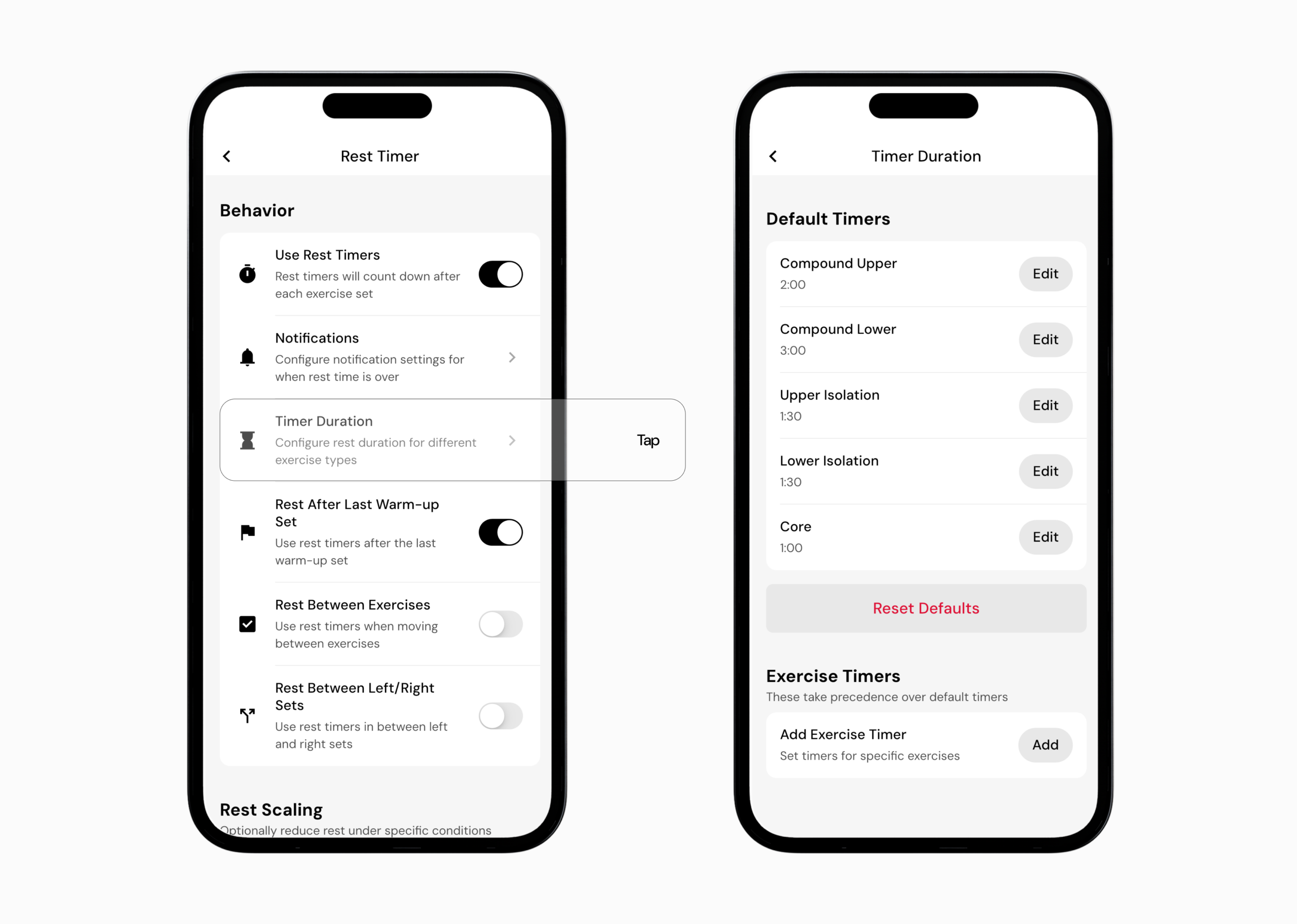 Rest timer settings and customization options in MacroFactor Workouts