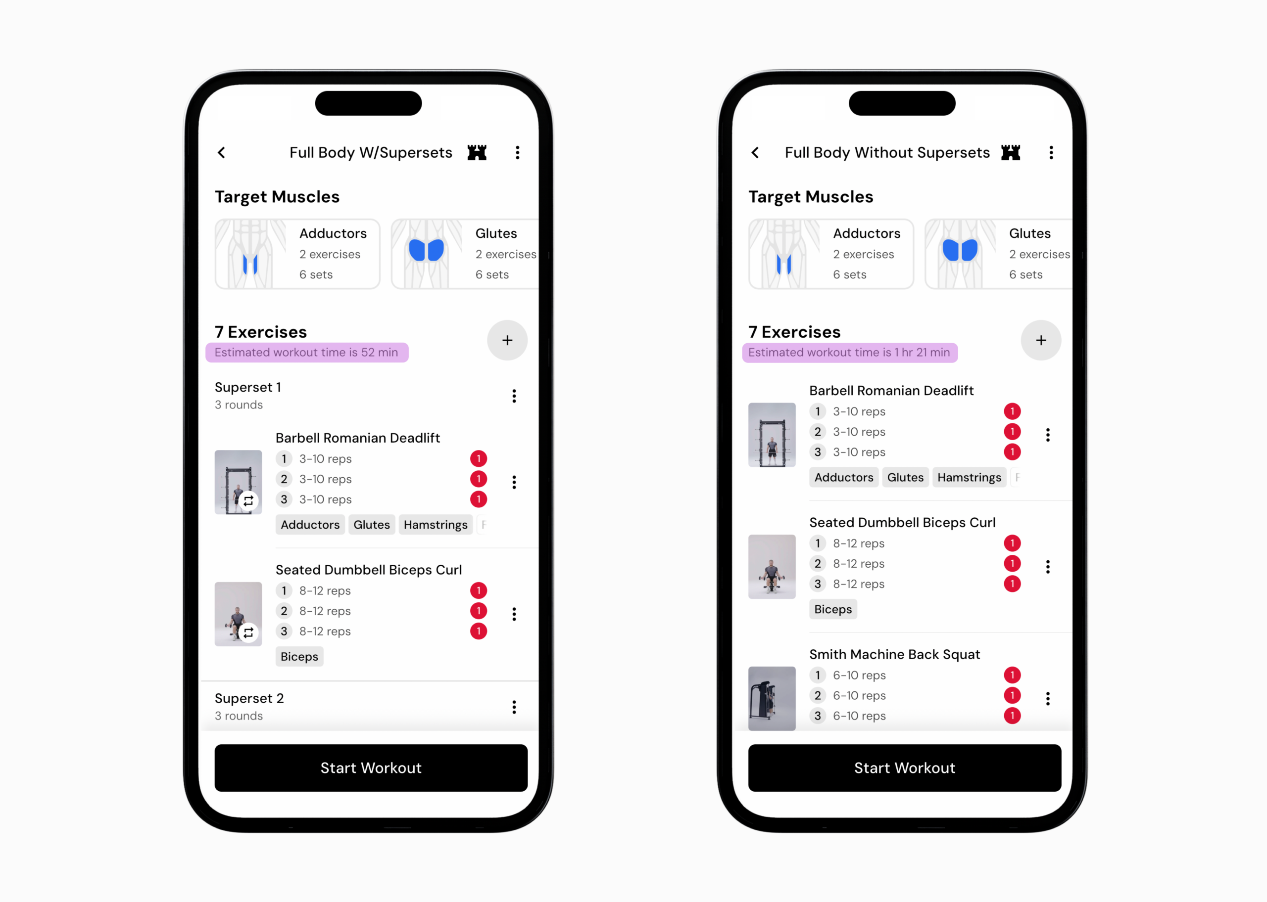 Example of saving time with supersets in the MacroFactor Workout app. 